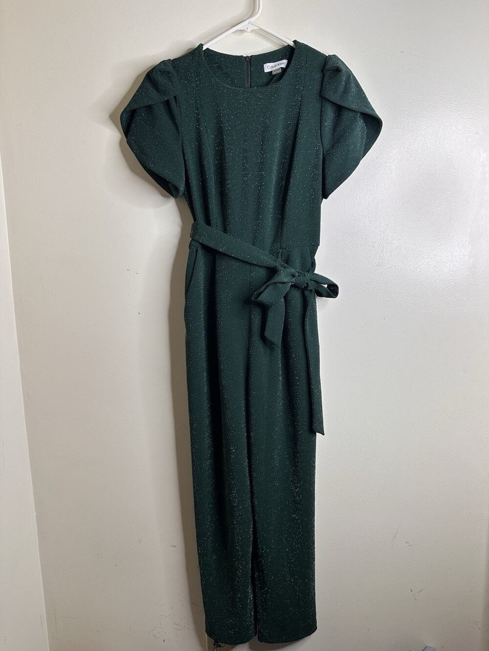 Calvin Klein Belted Wide Leg Jumpsuit Size 6 Pleated Emerald Green Metallic